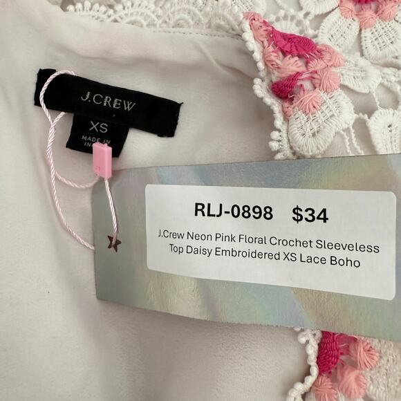 J.Crew Neon Pink Floral Crochet Sleeveless Top Daisy Embroidered XS Lace Boho - Picture 5 of 7